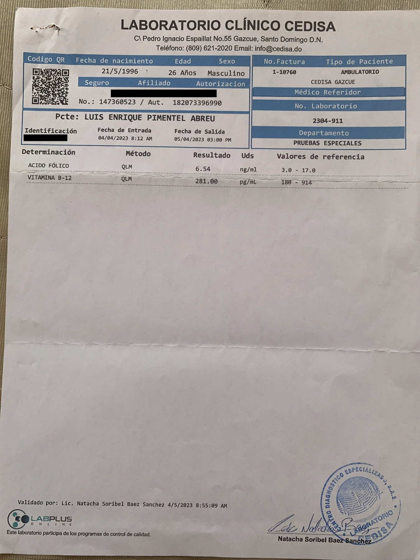 B12 blood test, original phone photo