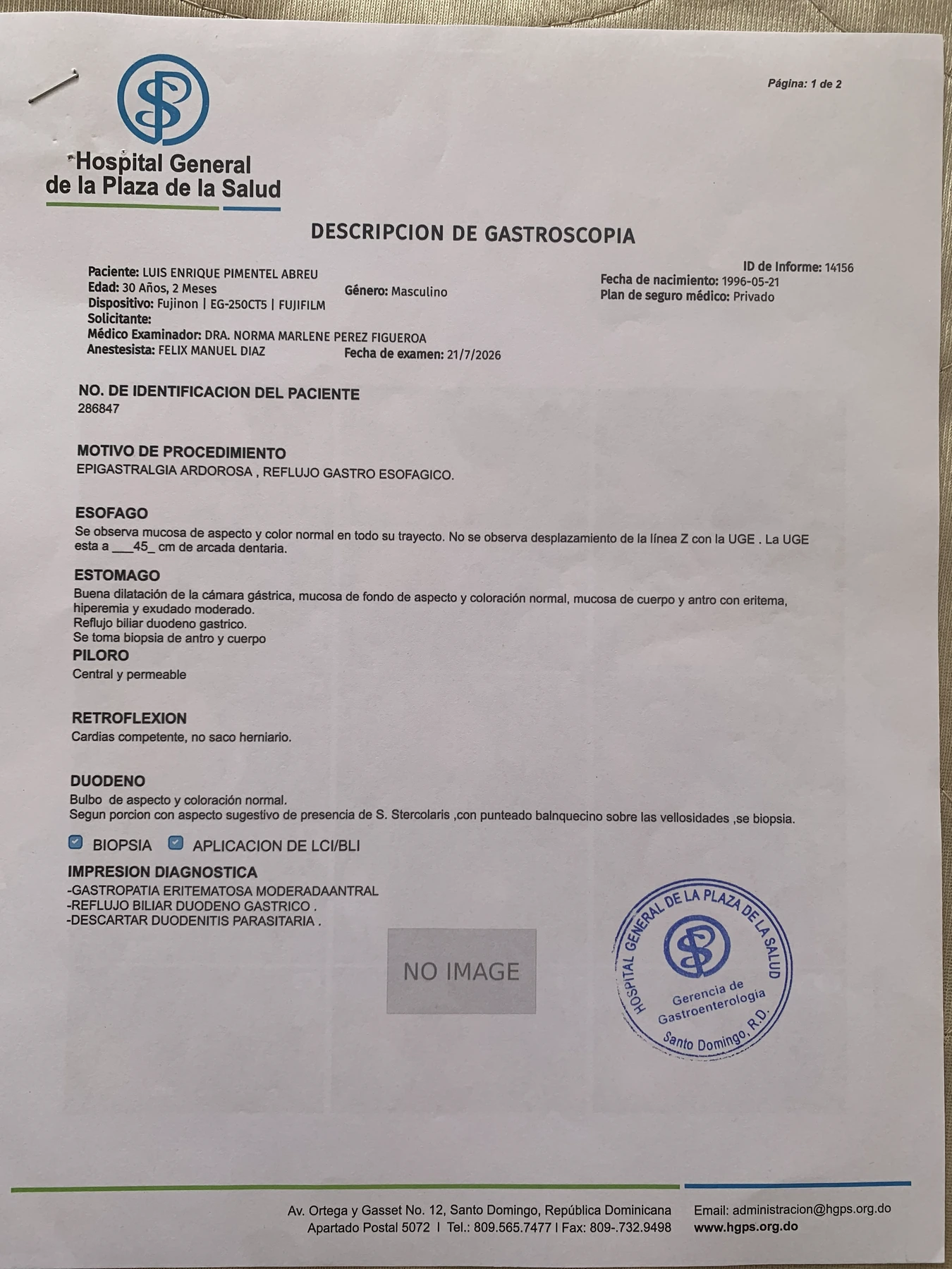 Original phone photo of the Jul 21, 2026 endoscopy report