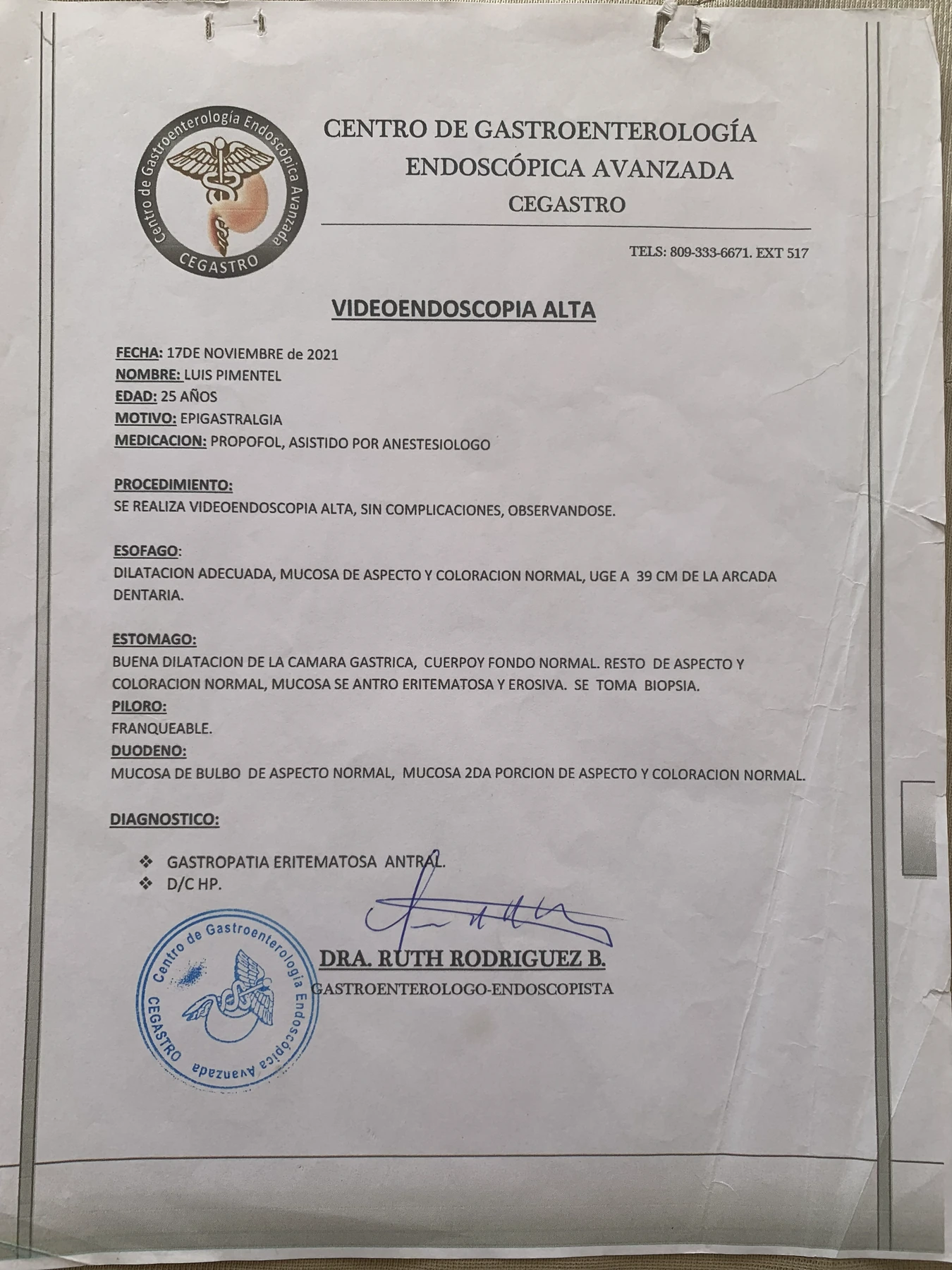 Original phone photo of the Nov 17, 2021 endoscopy report