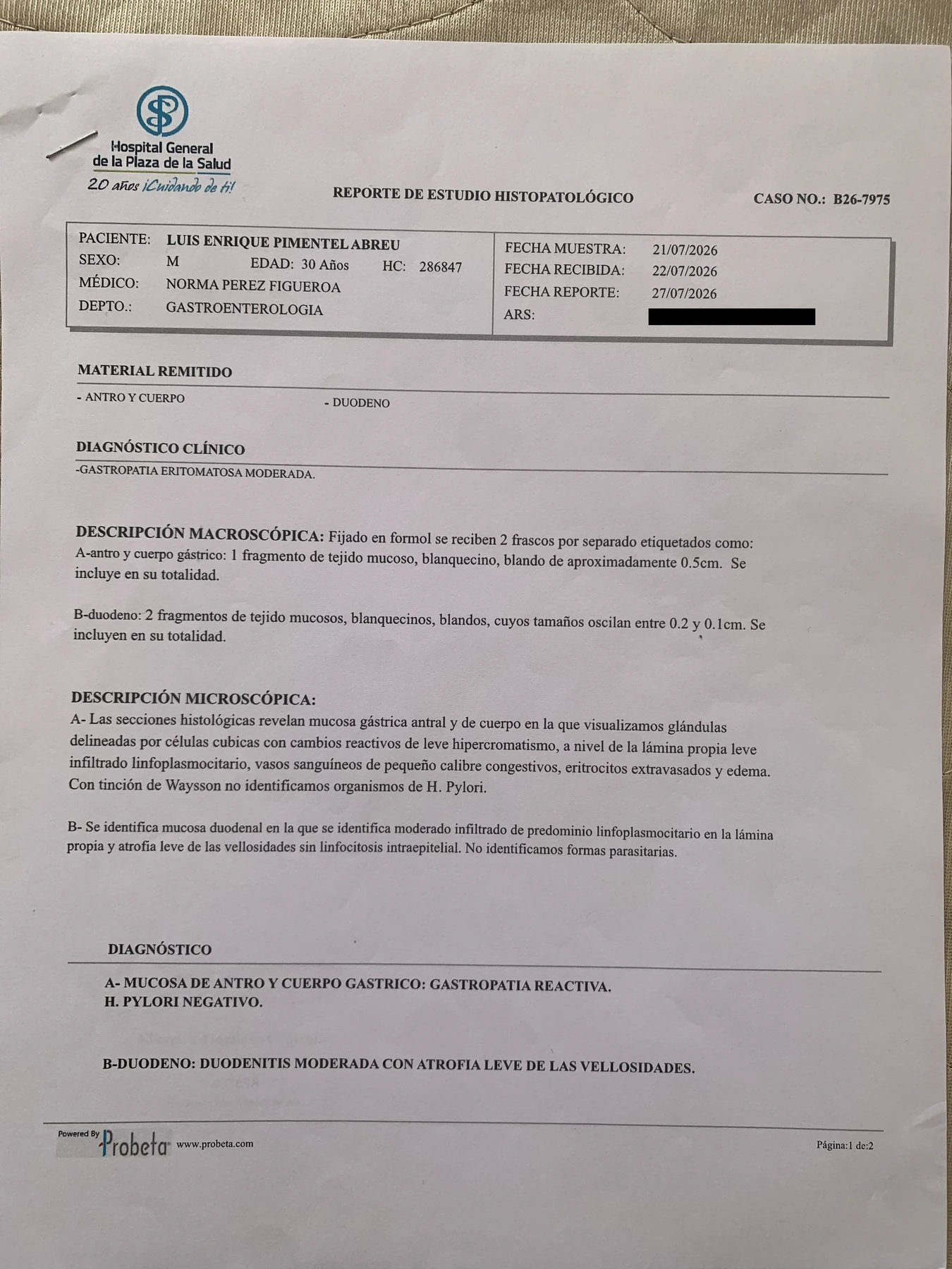 Original phone photo of the Jul 27, 2026 pathology report