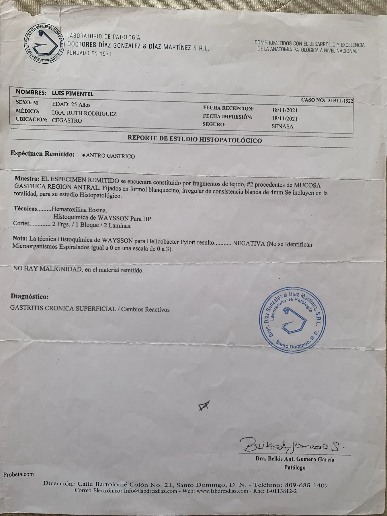 Original phone photo of the Nov 18, 2021 pathology report