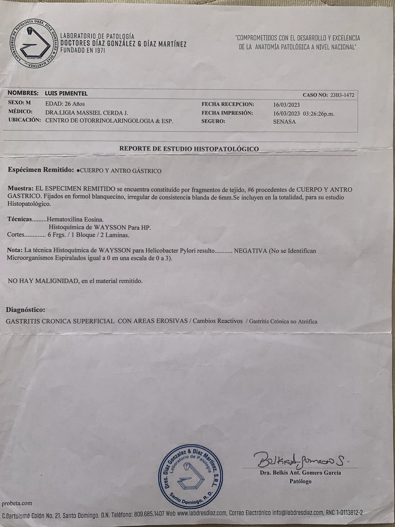 Original phone photo of the Mar 16, 2023 pathology report