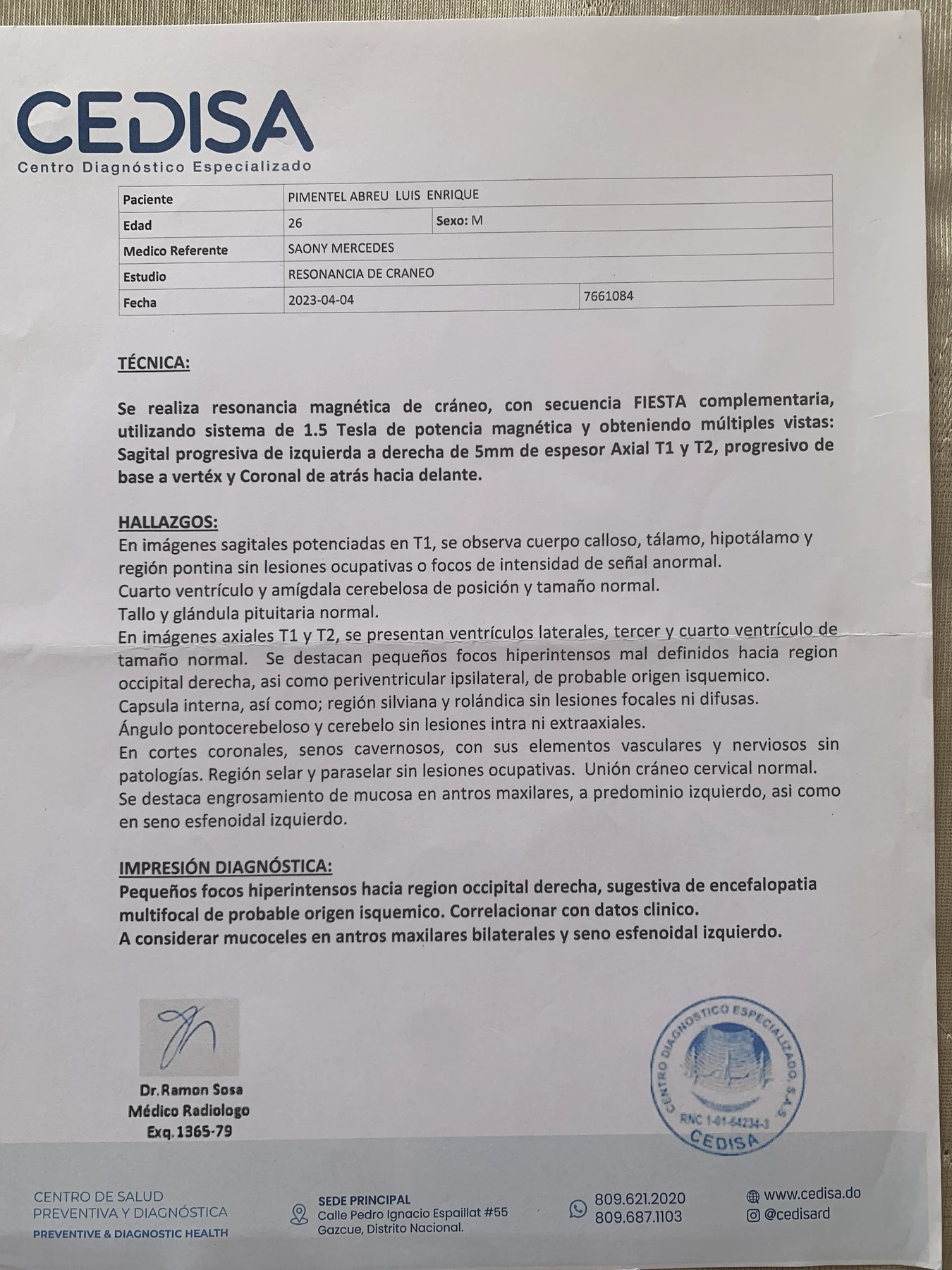 MRI report, original phone photo