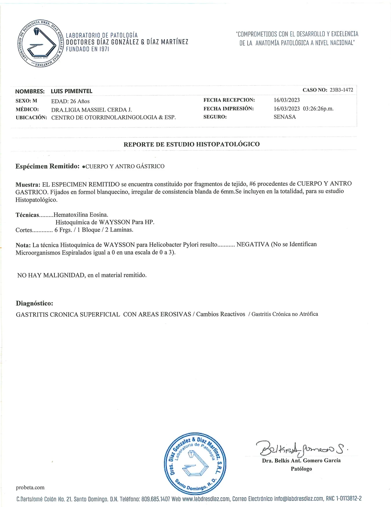 High-resolution scan of the Mar 16, 2023 pathology report