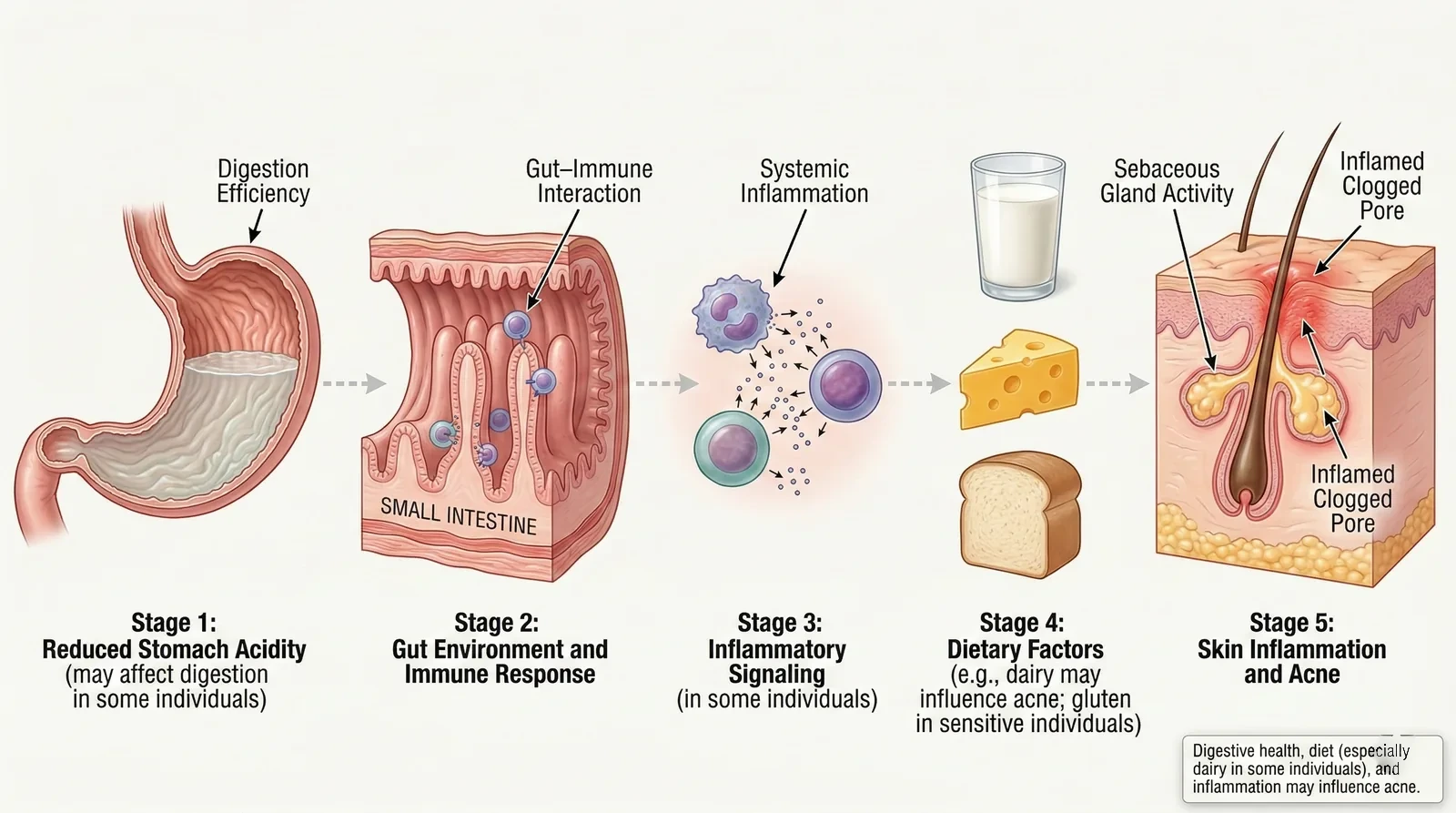 Illustration of a possible chain from low stomach acid and digestive imbalance to acne