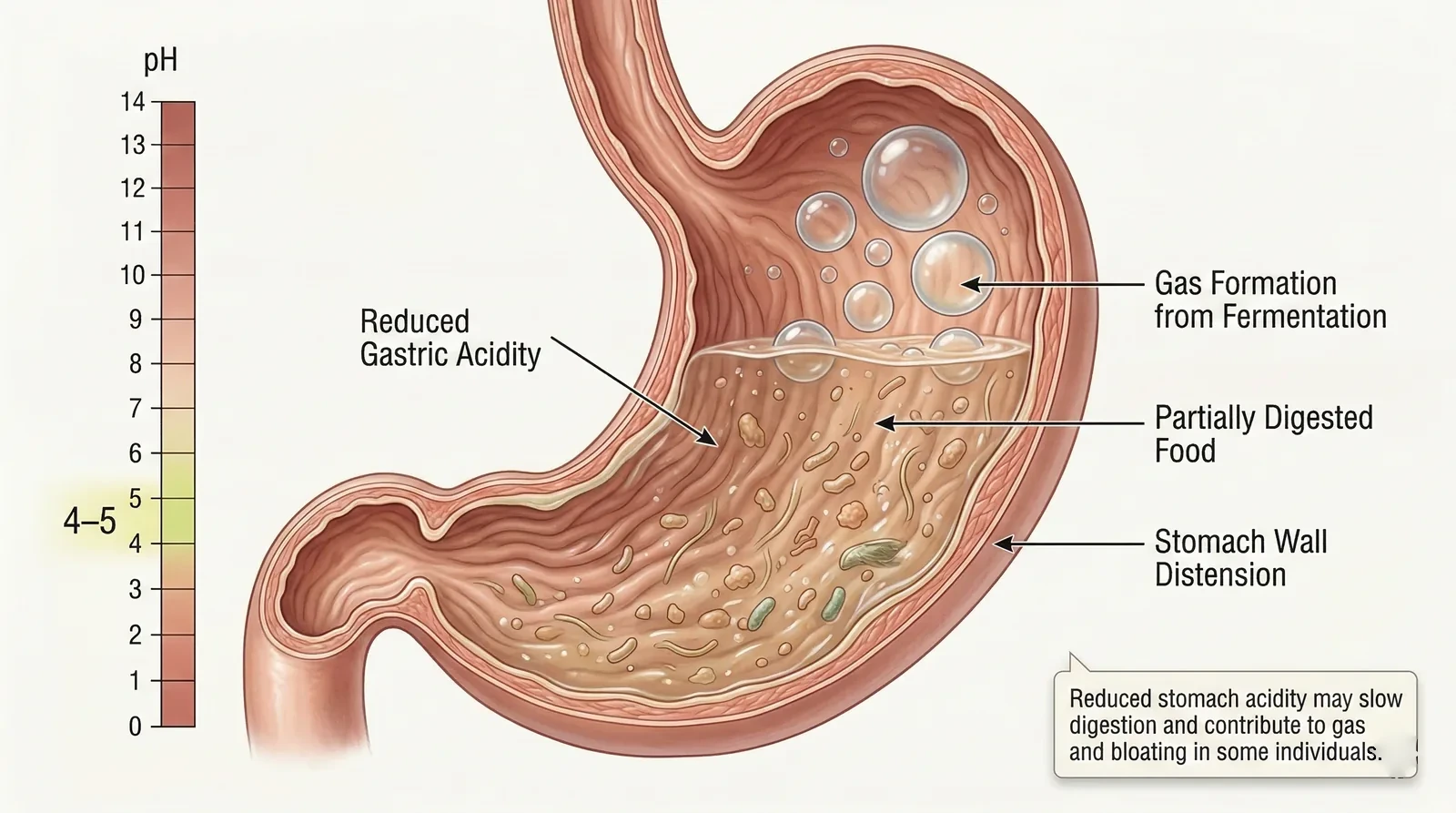 Illustration of how low stomach acid may contribute to fermentation and bloating