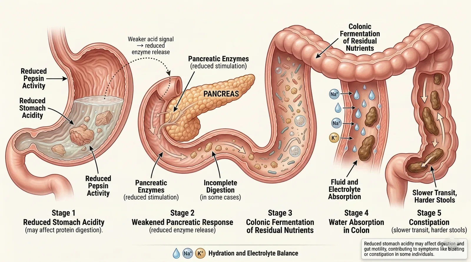 Illustration of how low stomach acid may fit into slower digestion and constipation