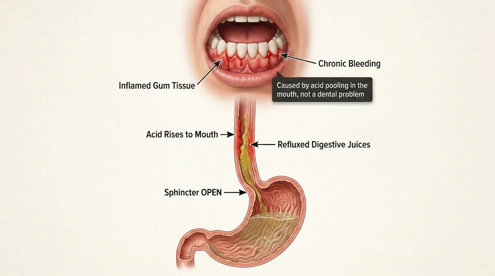 Illustration of how refluxed stomach contents may irritate the mouth and gums