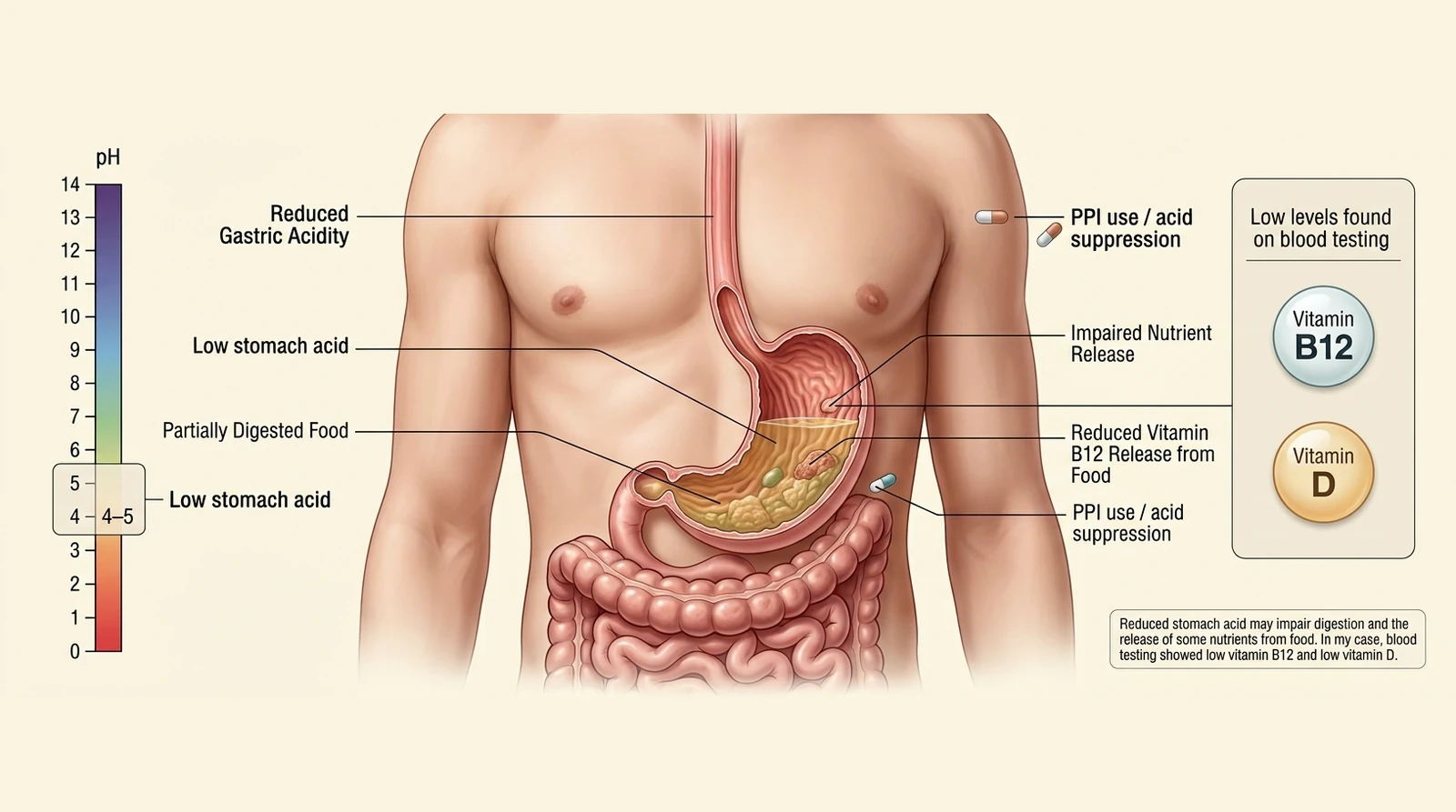 Illustration of reduced stomach acidity and food-bound B12 release, alongside low B12 and vitamin D blood-test findings