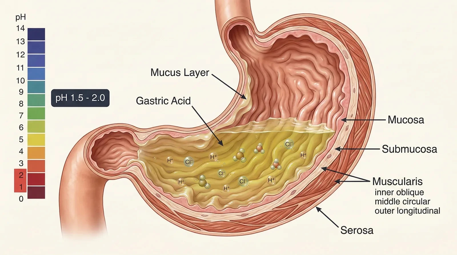 Healthy stomach with pH 1-2 and mucus layer