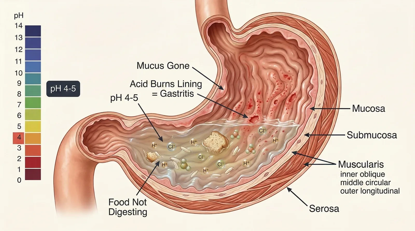 Gastritis - pH rises, mucosa thins, acid burns lining