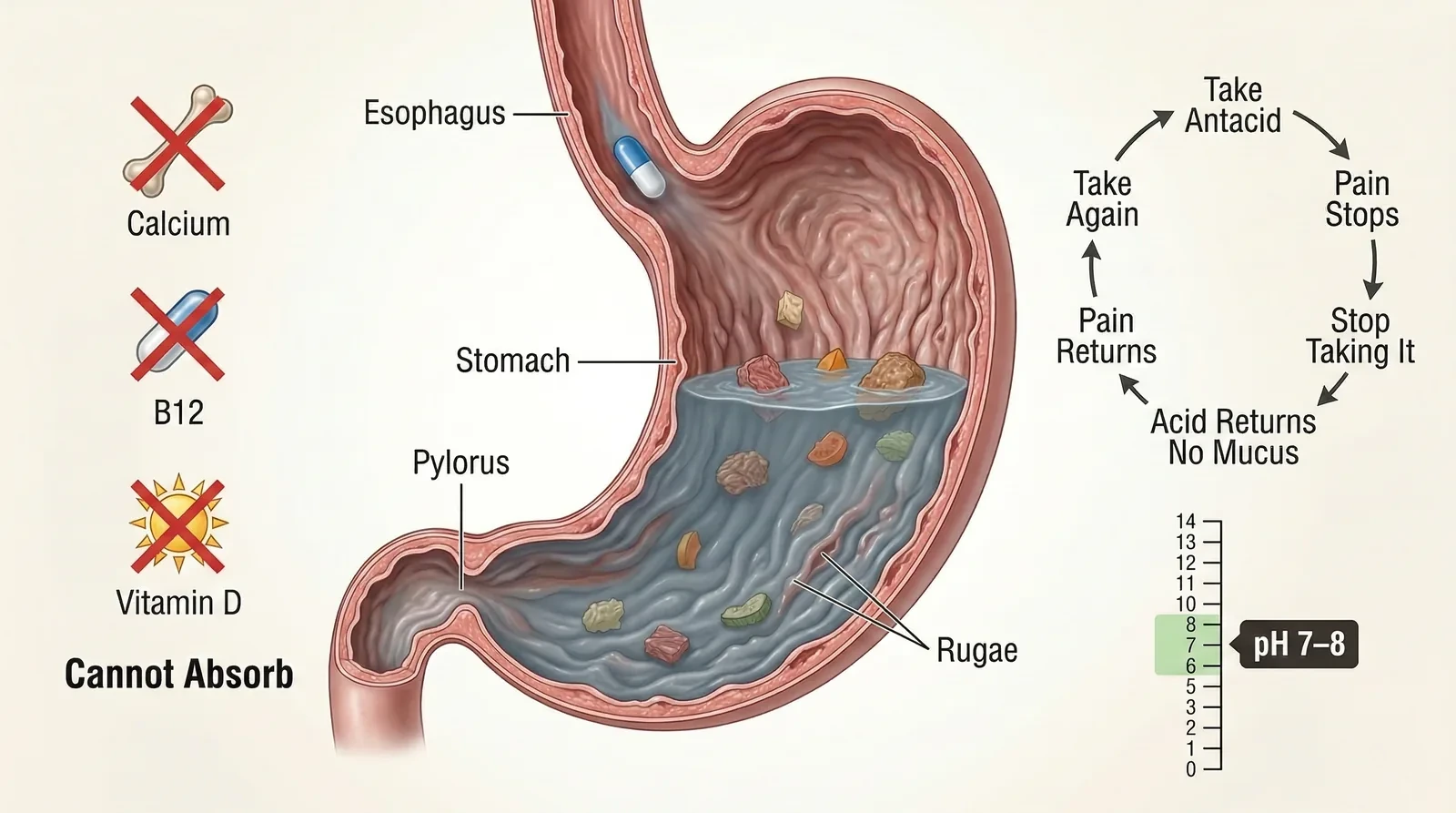 Antacid trap cycle - pH 7-8, no digestion, nutrients blocked