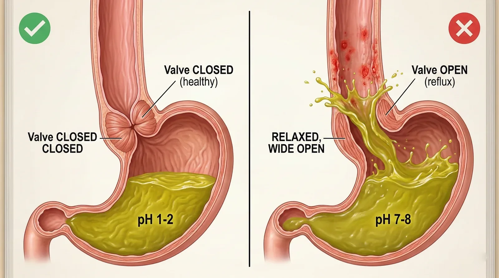 Illustration of how long-term acid suppression and low acid may have contributed to my reflux pattern