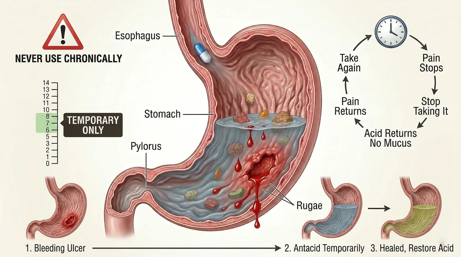 Bleeding ulcer - temporary antacid use only