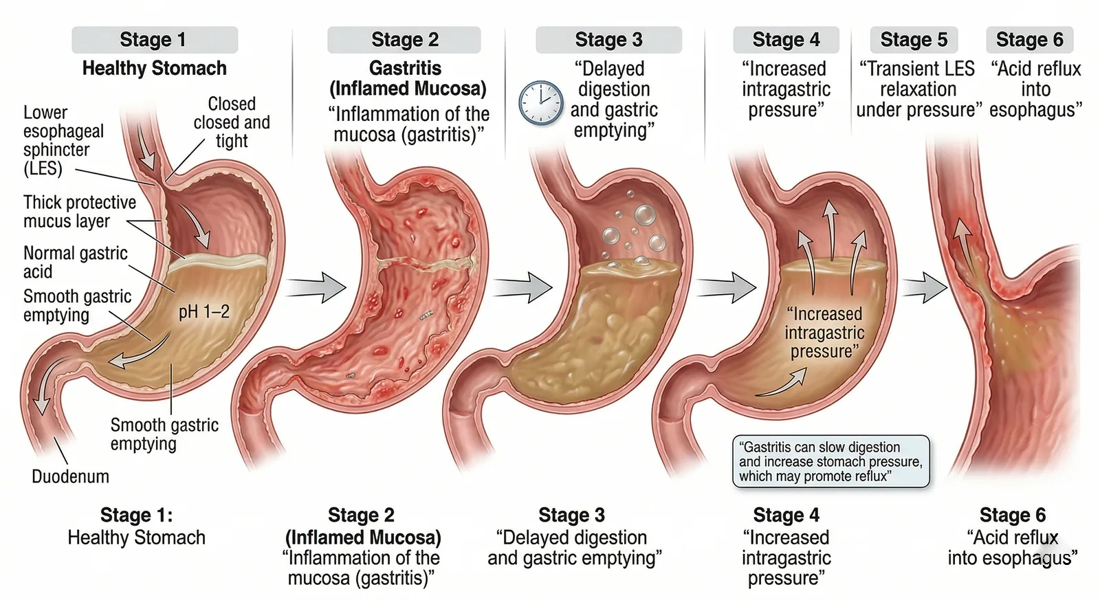 Illustration of how gastritis may contribute to reflux through delayed emptying and sensitivity