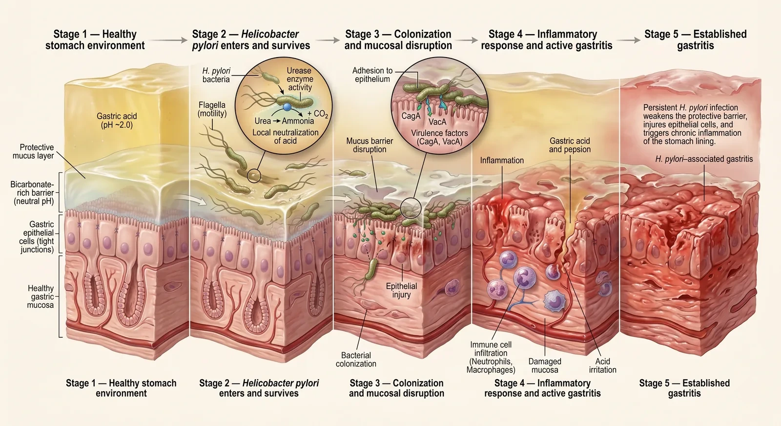 Helicobacter pylori infection stages damaging the stomach lining