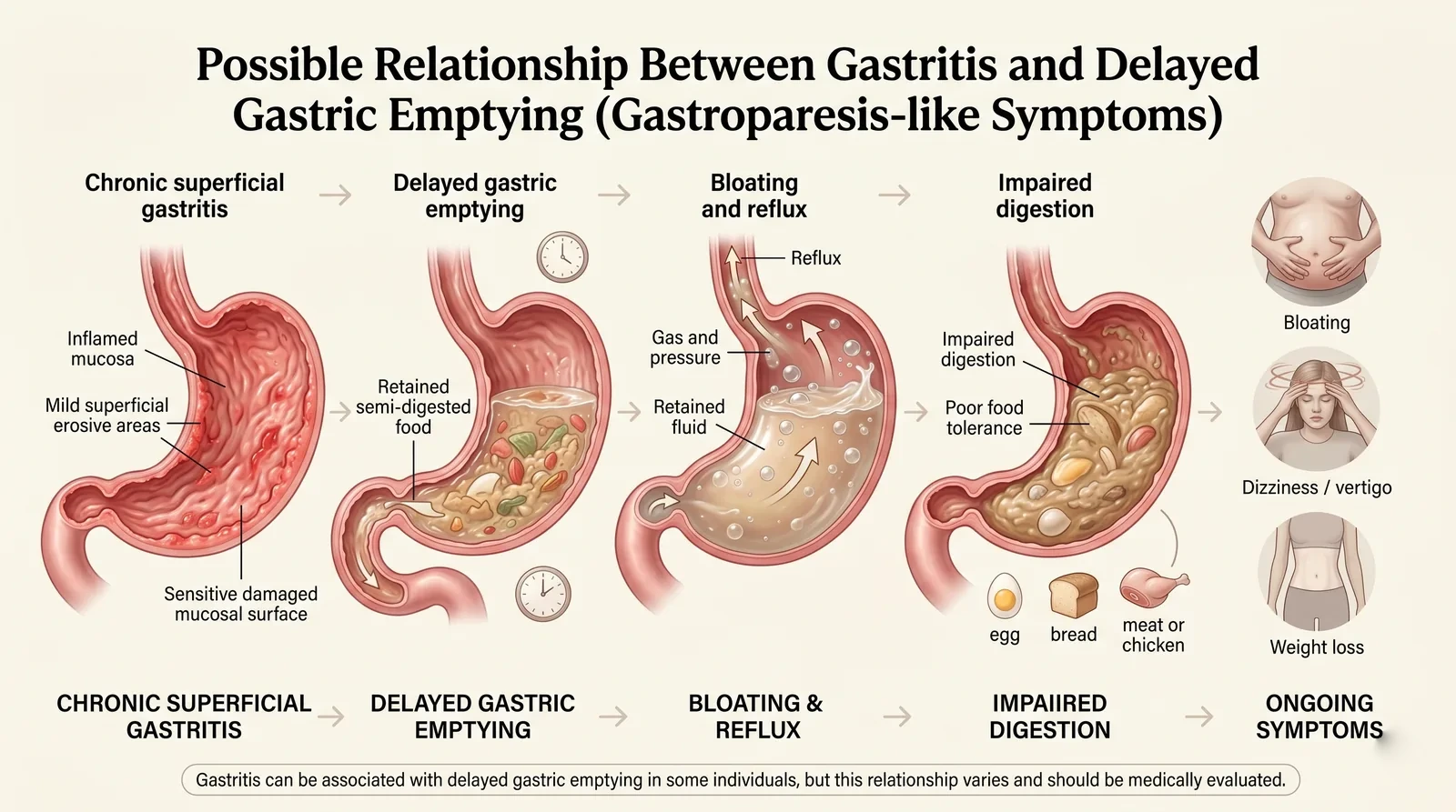 Illustration showing a possible relationship between gastritis, delayed gastric emptying, bloating, reflux, impaired digestion, dizziness, and weight loss