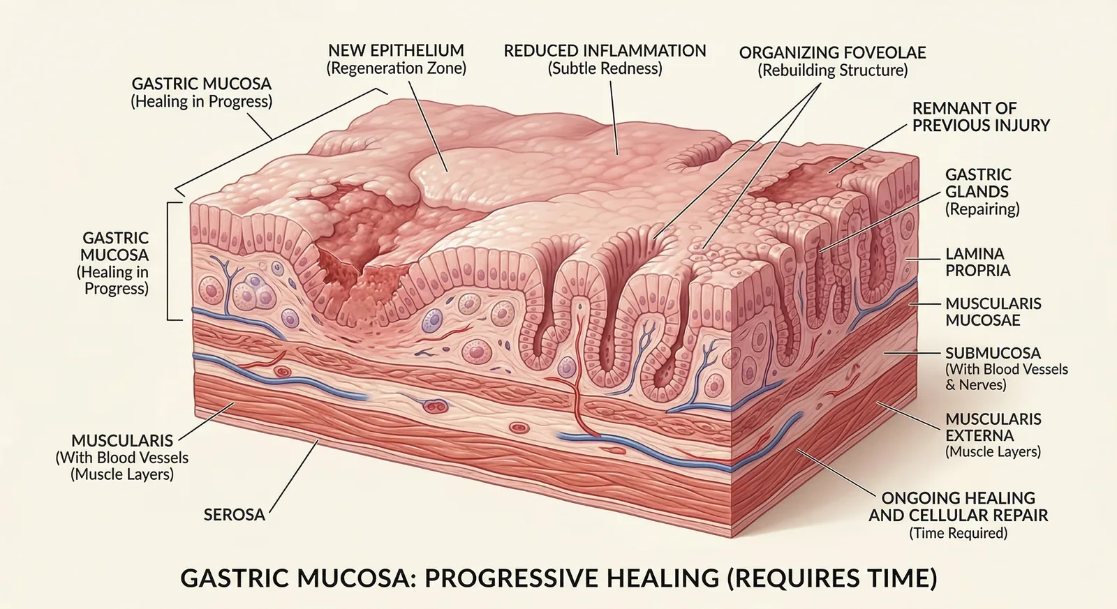 Stomach lining regeneration timeline from damaged to healed