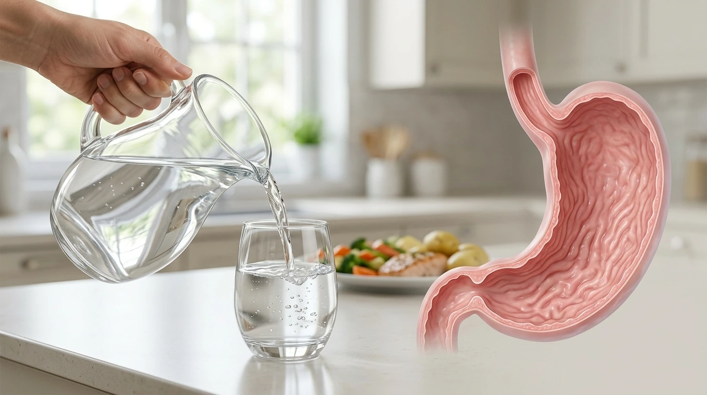 Illustration of plain water being poured into a glass beside a stomach