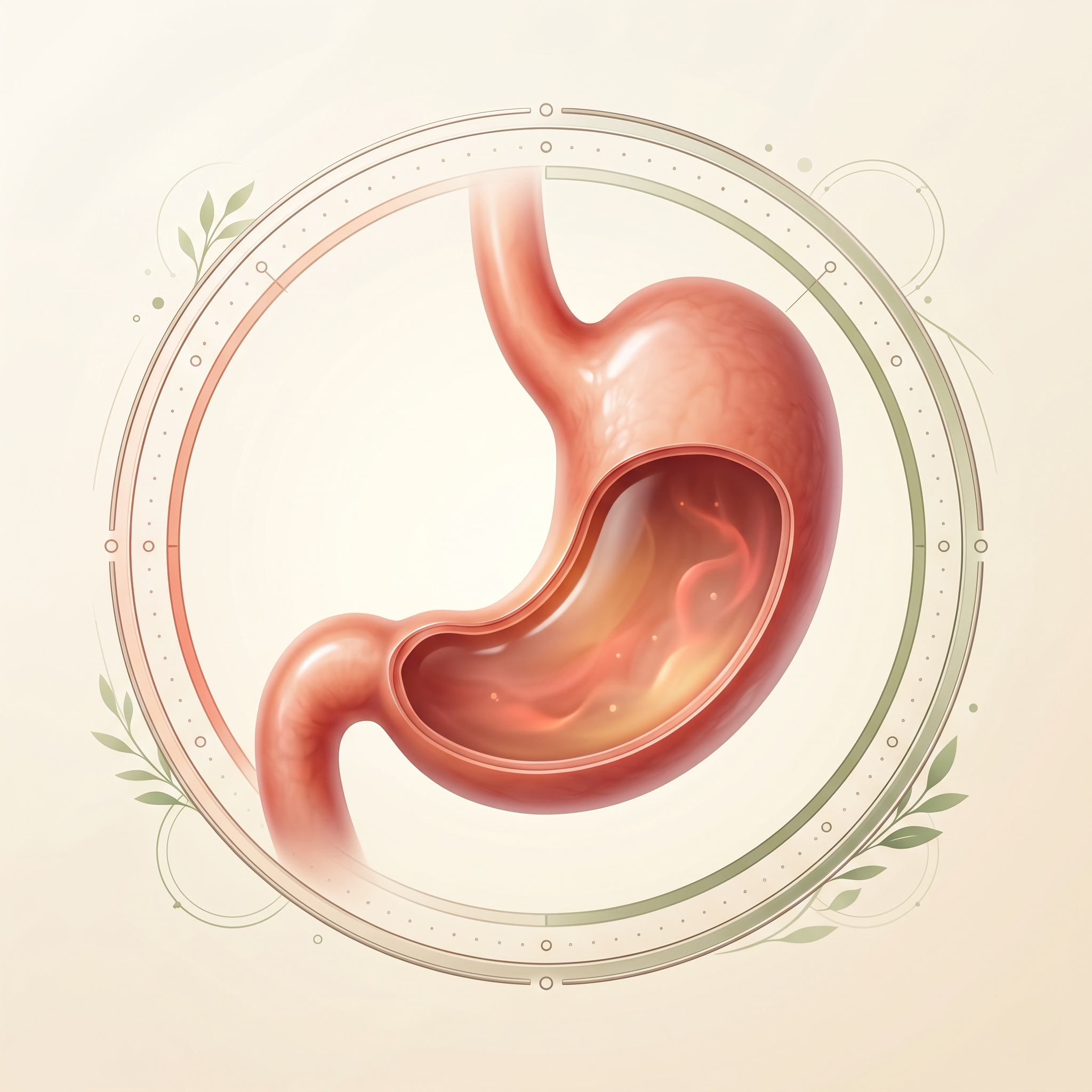 Illustrated stomach with a red-to-green pH balance dial
