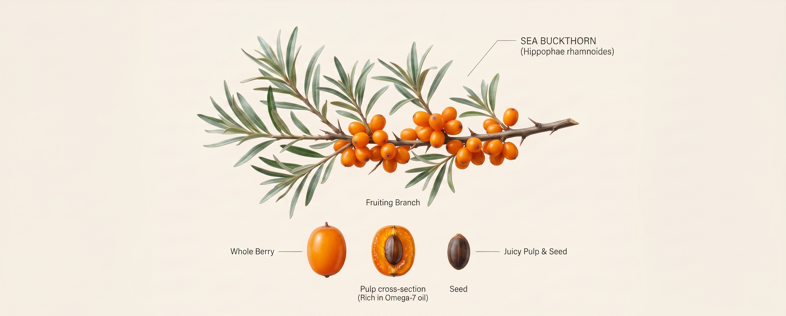 Sea buckthorn plant with orange berries and botanical context