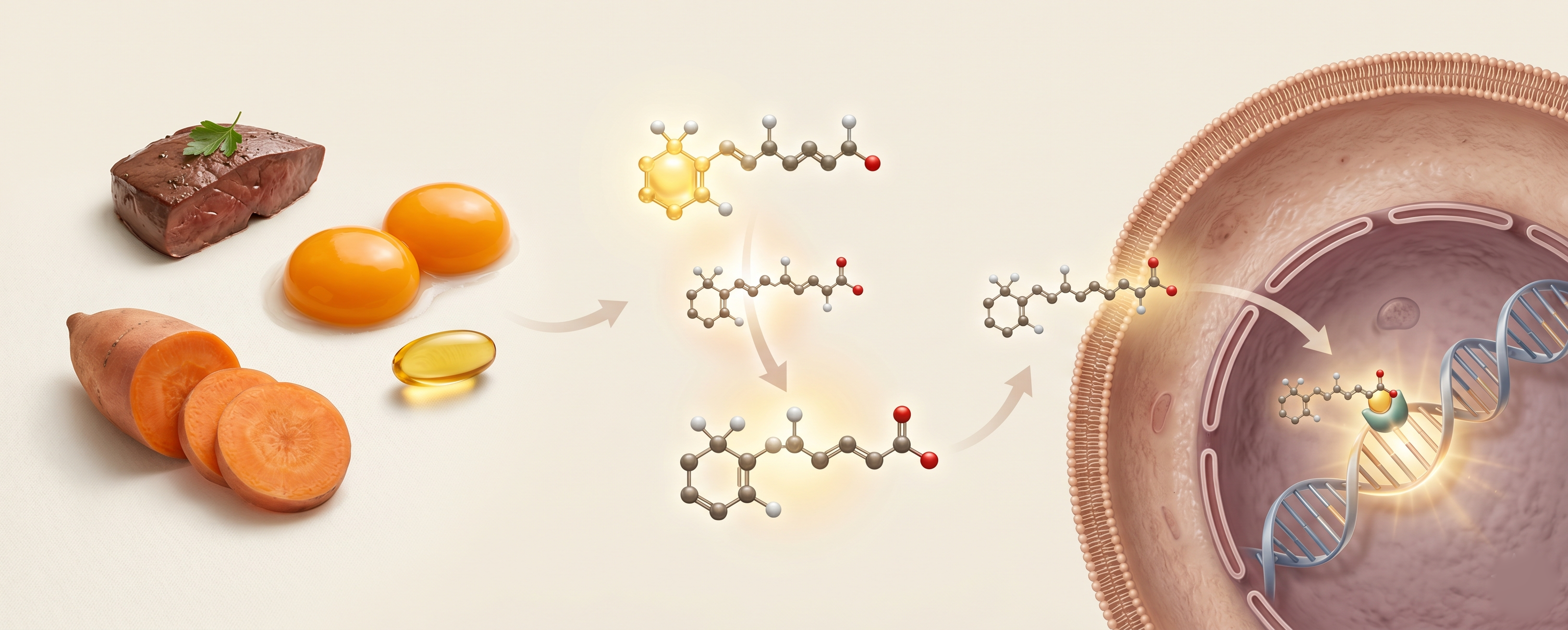 Vitamin A overview illustration with retinoid signaling and stomach lining support
