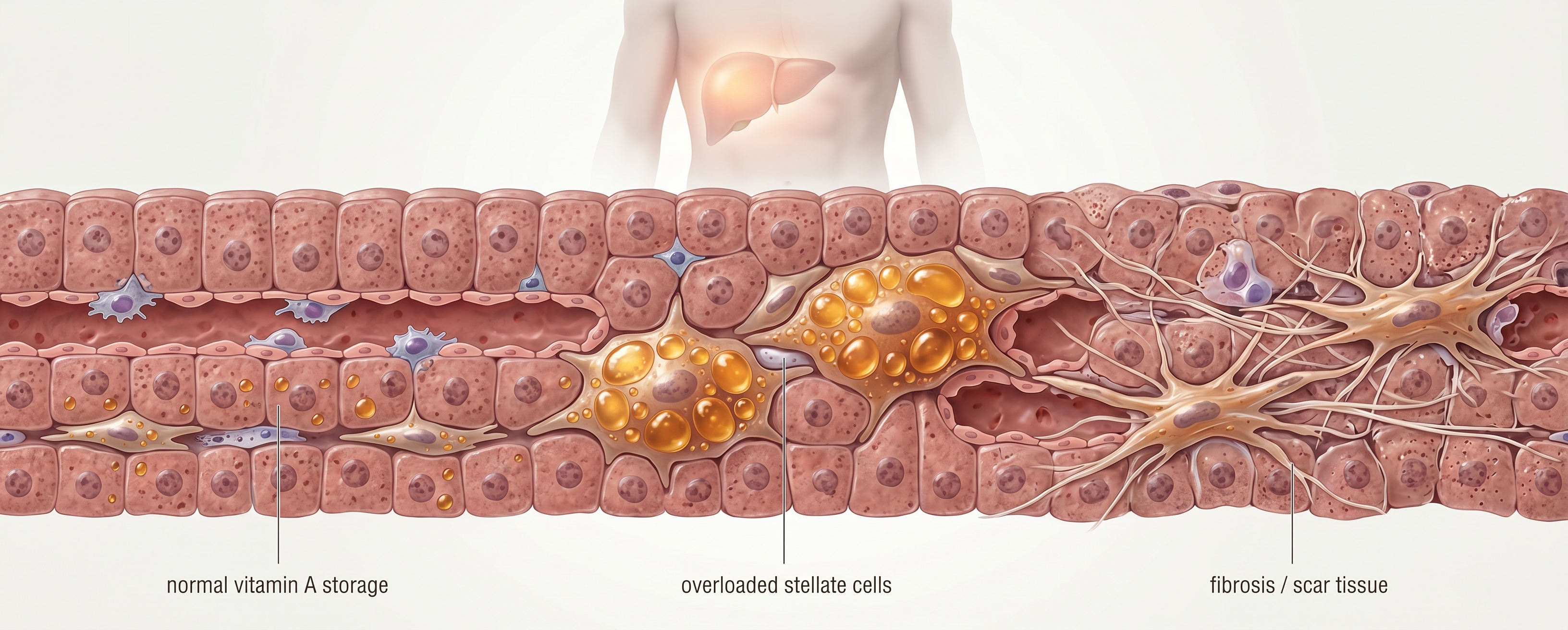 Illustration of vitamin A storage cells and scarring in the liver.