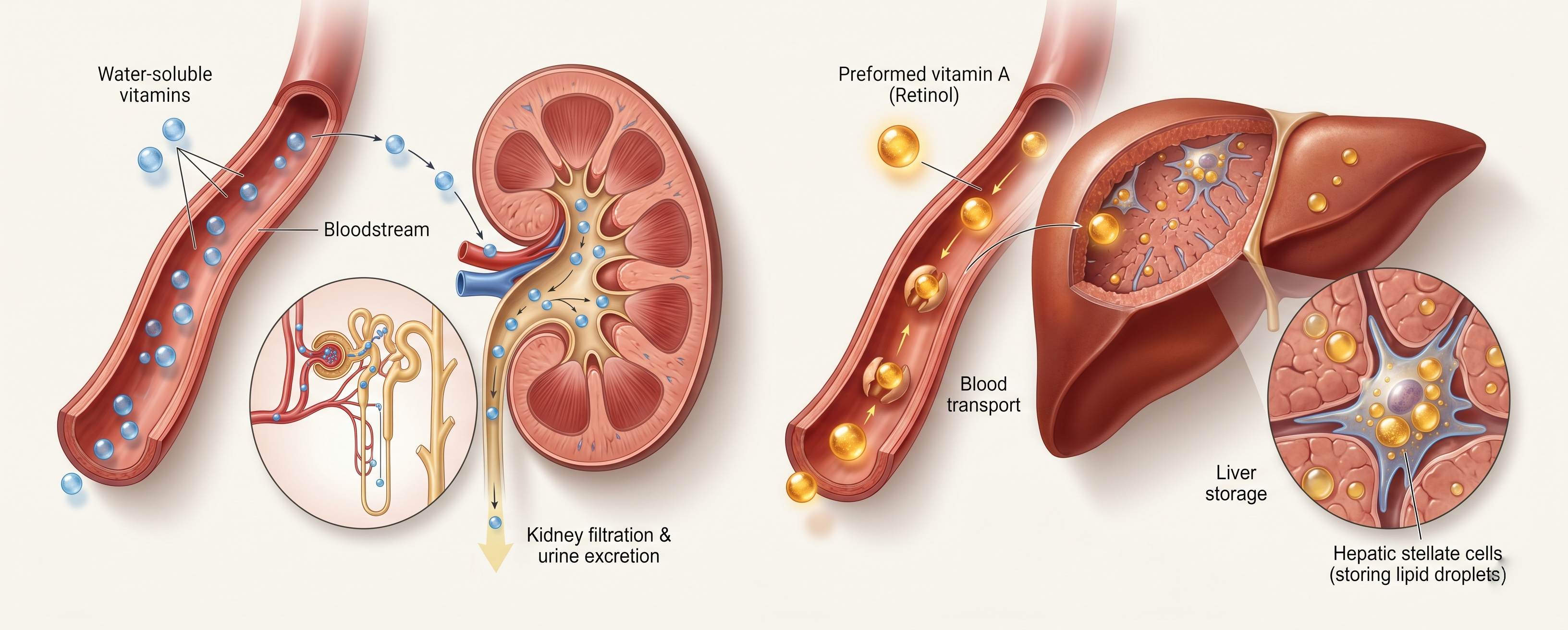 Illustration comparing water-soluble vitamins with vitamin A stored in the liver.